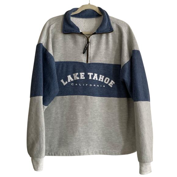 Retro Gray Blue Lake Tahoe California Sporty Preppy Quarter Zip Jacket Sz Large - Picture 1 of 16